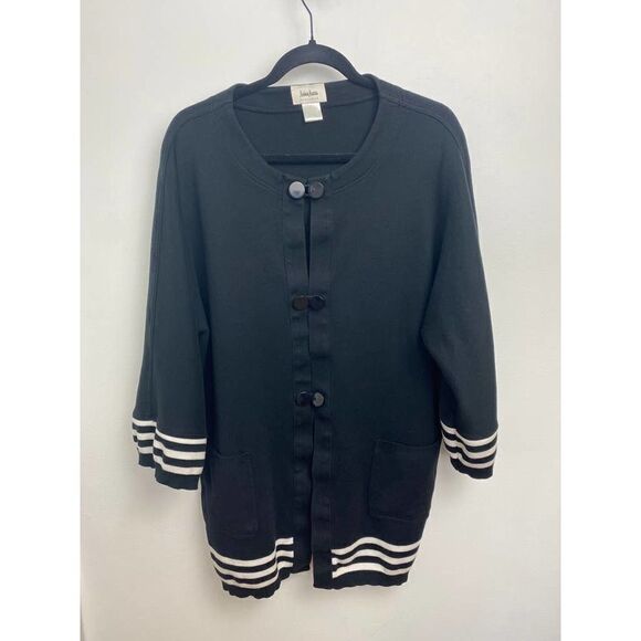 Preppy Neiman Marcus 100% Cotton Jacket Sweater Chic Buttons Black Career XL - Picture 1 of 7